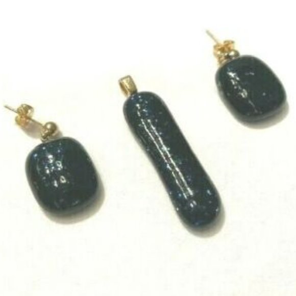 "Handmade" 3 Piece "Wrapped in Blue" - Dichoric Glass Earrings & Pendent-JM007 - Picture 2 of 5